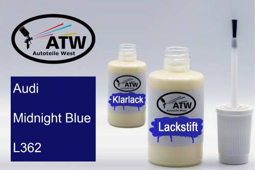 Audi, Midnight Blue, L362: 20ml Lackstift + 20ml Klarlack - Set, von ATW Autoteile West.